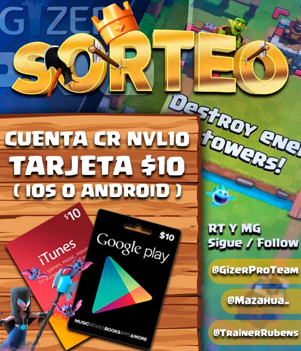 Giveaway! Sorteo! 
CR lvl 10 account + GIftcard
Rt + Follow me and  --> @Mazahua_ 
@GizerProTeam ! Ends: 8/10/17