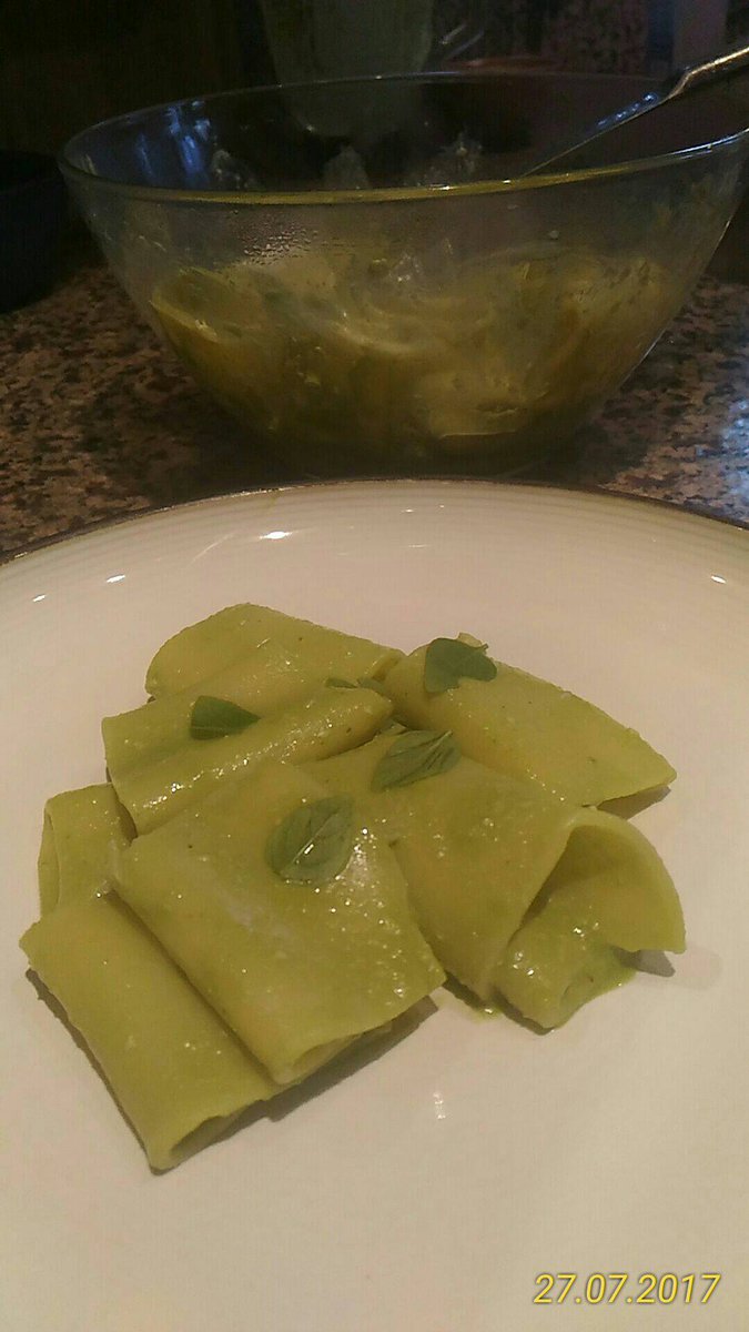 AlexDialuce's tweet photo. All these rainy days have allowed our backyard basil to thrive, so that I decided to prepare a fresh Paccheri al Pesto!
Cheers! https://t.co/p3Ubx7sHkq