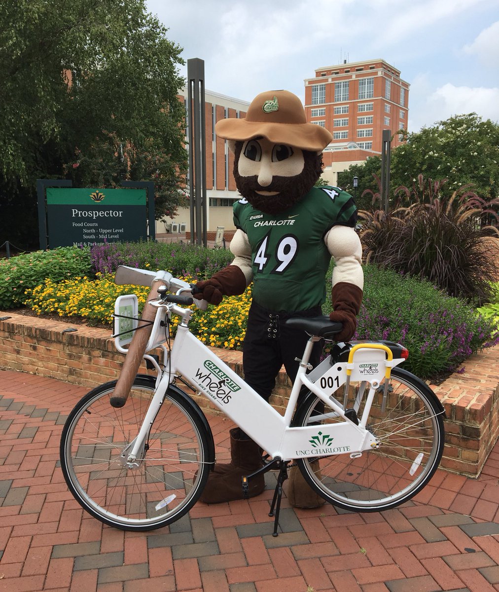 unccharlotte's tweet photo. Look who was at the front of the line to ride Charlotte Wheels! The first 50 🚲 are out &amp; ready to roll ⛏ @UNCCaux https://t.co/nl4F4eOGCA