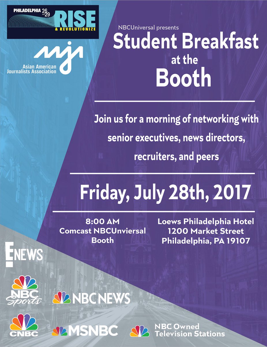 Calling student journalists! Join @nbcuinterns recruiters for breakfast tmrw &amp; learn about internships &amp; early career roles!  #internatNBCU