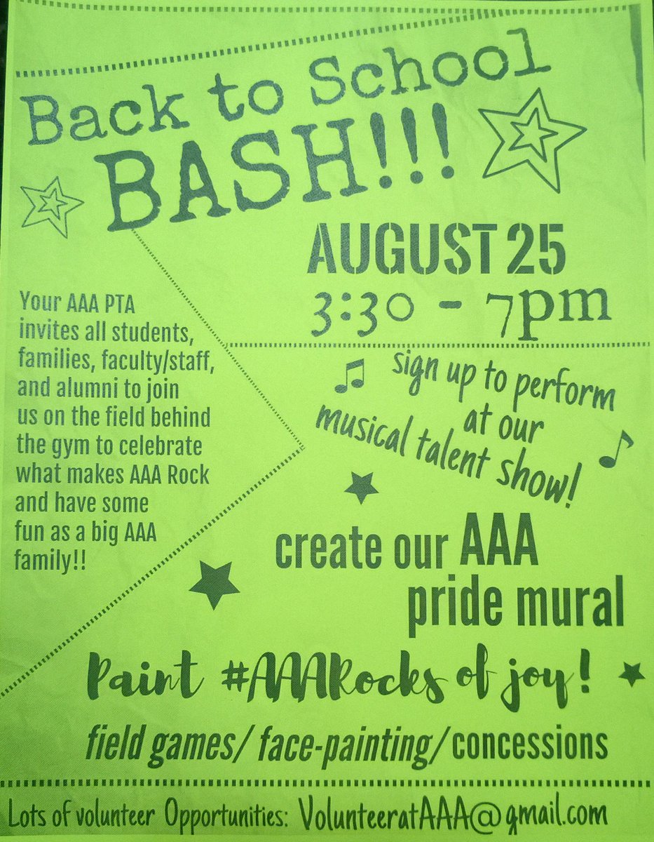 aaapta_hsv's tweet photo. Calling all AAA past &amp; present: Join us on Aug 25th for our Back to School Bash #AAARocks #SchoolPride @AAcademicsArts @amyvawp8 @HSVk12 https://t.co/GcgD3stxCw