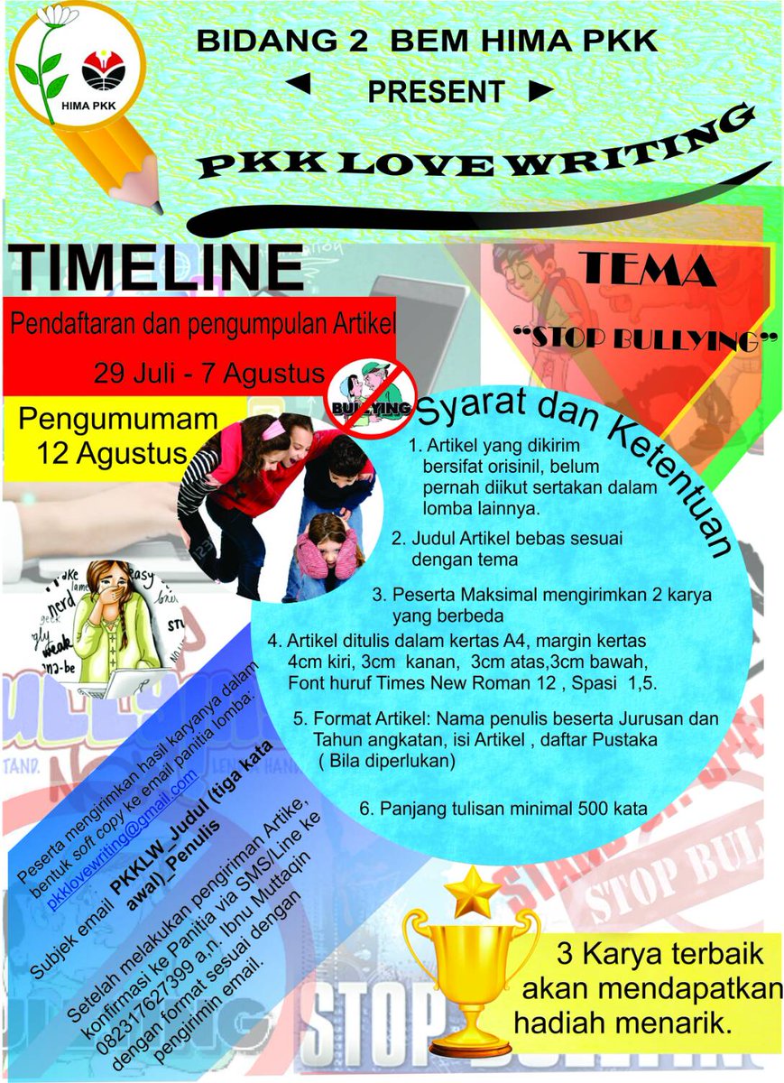 Whats?!!
You wanna join with us in creating article?
Theme is "Stop Bullying!"
Let's join now.

CP : 082317627398
Line : ibnu_040998