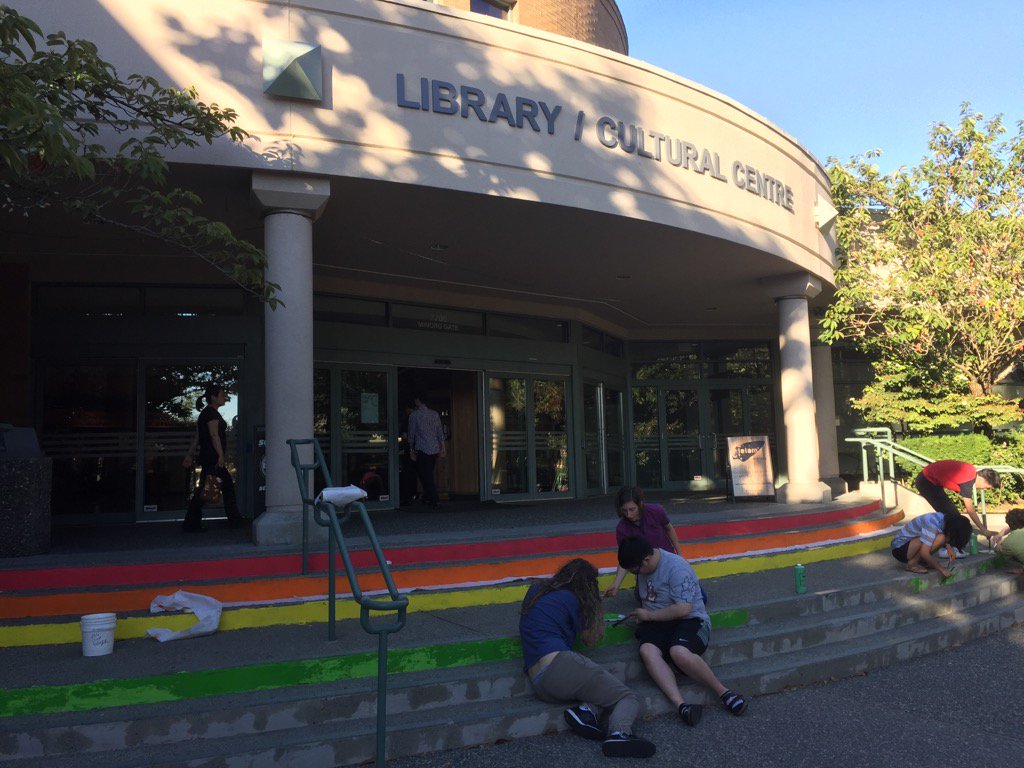 alexaloo's tweet photo. Library steps are getting its Pride on!!  #Inclusive  #KnowledgeIsForAll https://t.co/1CW0uezBcN