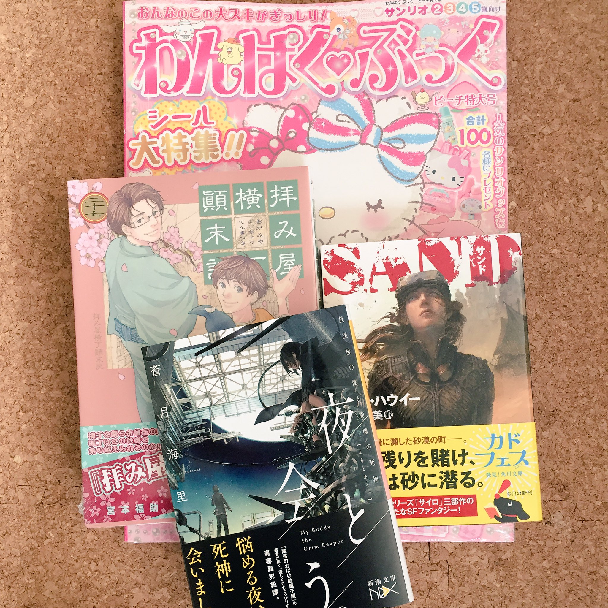 八谷 紬 今日買った本 蒼月海里著 夜と会う 放課後の僕と廃墟の死神 装丁かっこいい ヒュー ハウイー著 サンド 表紙から漂う強い女感 宮本福助著 拝み屋横丁顛末記 27巻 完結とか さみしい ピンクのやつは娘の帰省用 主に飛行機