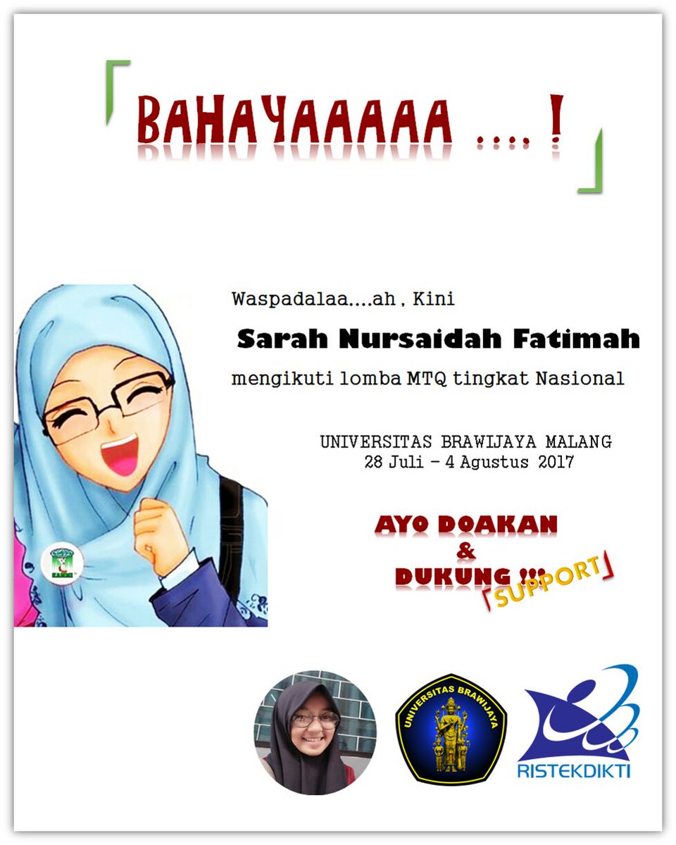 himadiktikainfo's tweet photo. Selamat kpda Sarah Nursaidah Fatimah smstr 3 pend.mtk yg mengikuti MTQMN di Universitas Brawijaya Malang
#himadiktika #uninus #mtqmnxv2017 https://t.co/LCONcN6Hou