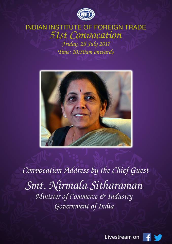iift_official's tweet photo. 51st Convocation: Live at @iift1963 &amp; @iift_official : Chief Guest @nsitharaman Minister of State (I/C) Commerce and Industry, GoI @CimGOI https://t.co/xEP8ikDaBS