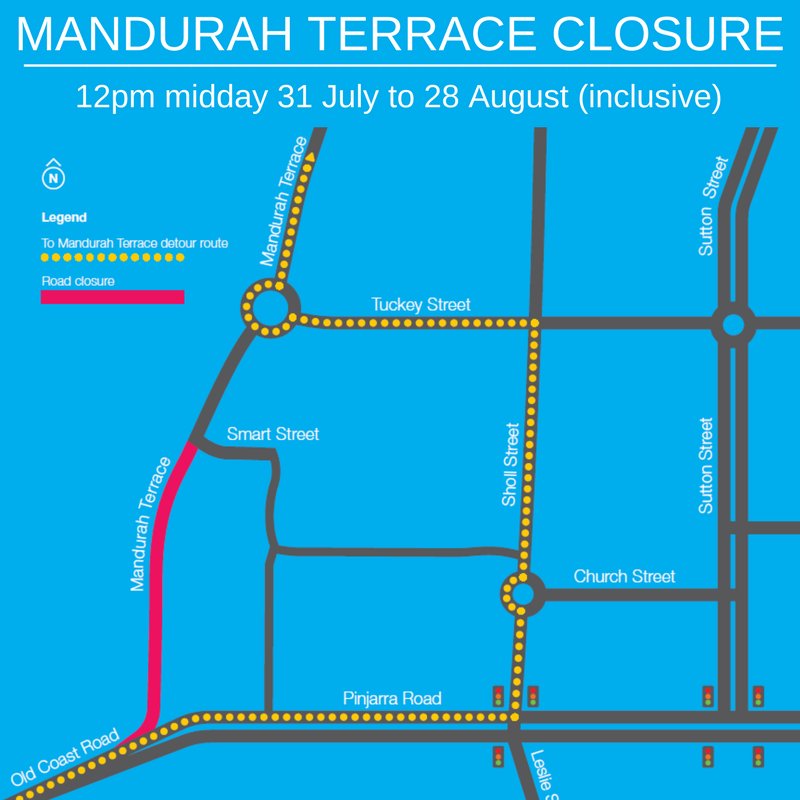 WA_Roads's tweet photo. ADV NOTICE - #MandurahTce - Closed - #PinjarraRd to #SmartSt 12pm - Midday 31 July to 28 August (inclusive) https://t.co/PszMAZk6m4 https://t.co/kEOFUG4yF6