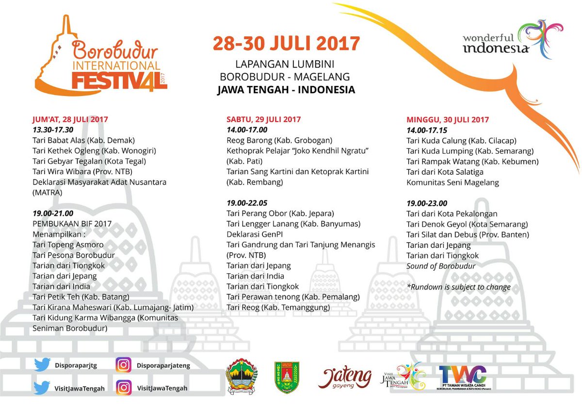 Ini dia jadwal lengkap penyelenggaraan Borobudur International Festival 2017 #PesonaBIF2017 #SemarakPesonaBIF
