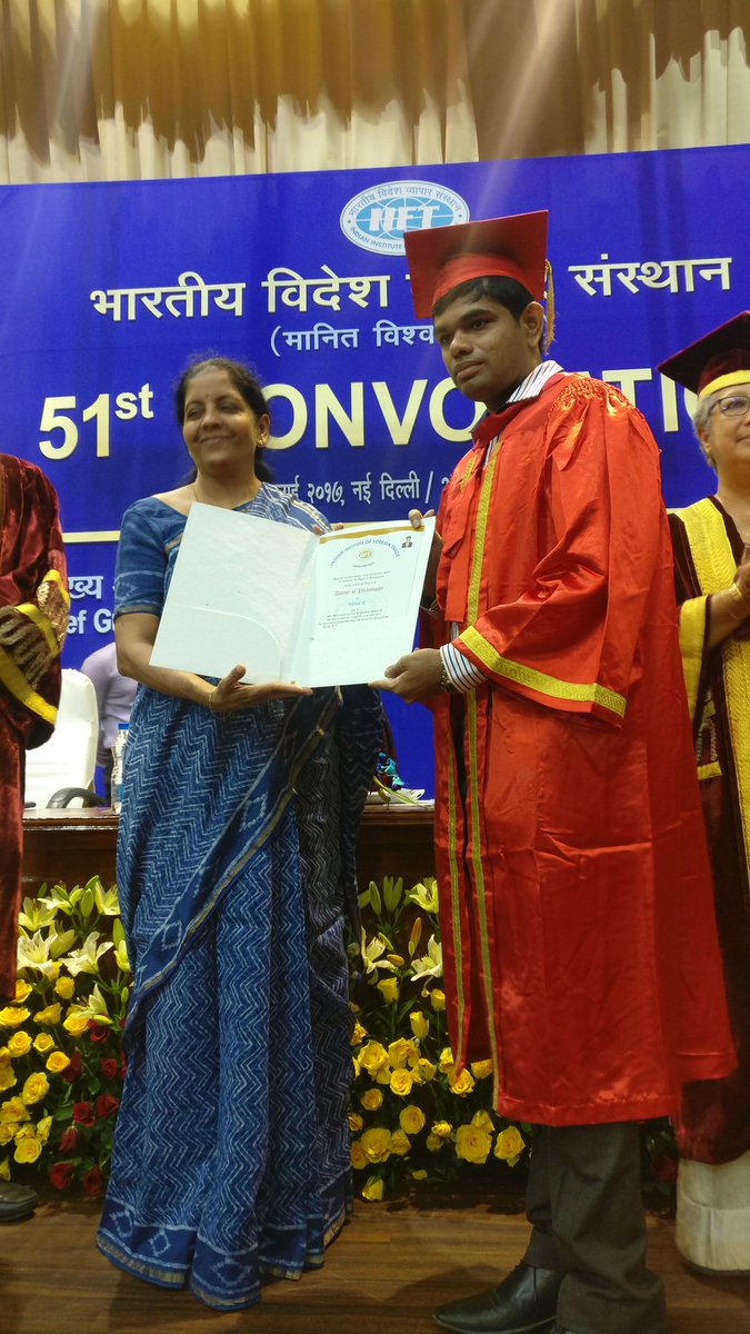 iift1963's tweet photo. Degree certificate awarded by Commerce and Industry Minister Smt. Nirmala Sitharaman on the 51st Convocation of #IIFT https://t.co/x06WJVzMzj