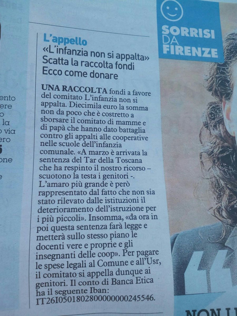infanzial's tweet photo. Ieri su @Nazione_Firenze Aiutate l'Associazione L'infanzia non si appalta. Diamo un giusto esempio ai nostri bambini e bambine https://t.co/jFal9D8gSx