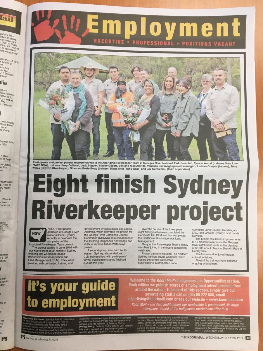 ecoaus's tweet photo. Our Riverkeeper team doing us proud in @koorimailnews! Shout out to project partners La Perouse LALC and Tharawal LALC and all else involved https://t.co/FekuJL0x4Z
