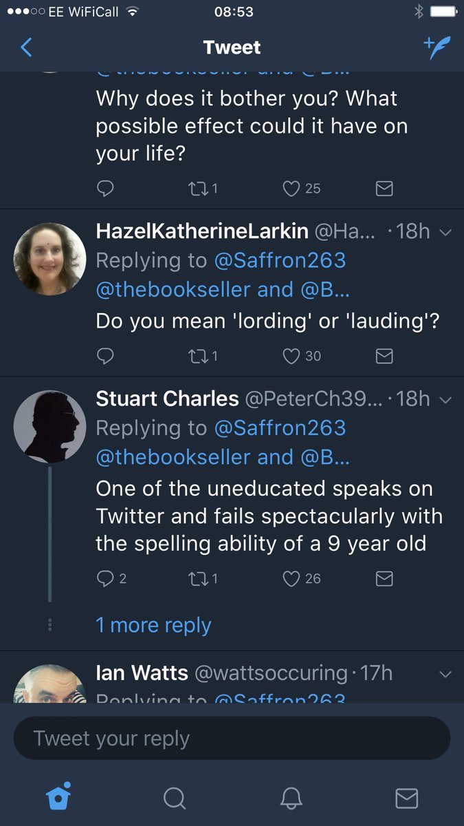 StickyWalnut's tweet photo. Tweets to a nasty shite yesterday.
"Brain of a nine year old"
"No grace"
"Loser"
But not for racist abuse. Because they can't spell. https://t.co/YbTCTognks