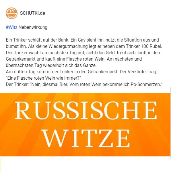 SCHUTKIde's tweet photo. #Witz Nebenwirkung
#RussischeWitze #Trinker #Gay #Wein
#Witze hier https://t.co/3Ump1fQSWX
Taschenbuch #SCHUTKI: https://t.co/KeE8kFkesK https://t.co/gKVriQTYKg