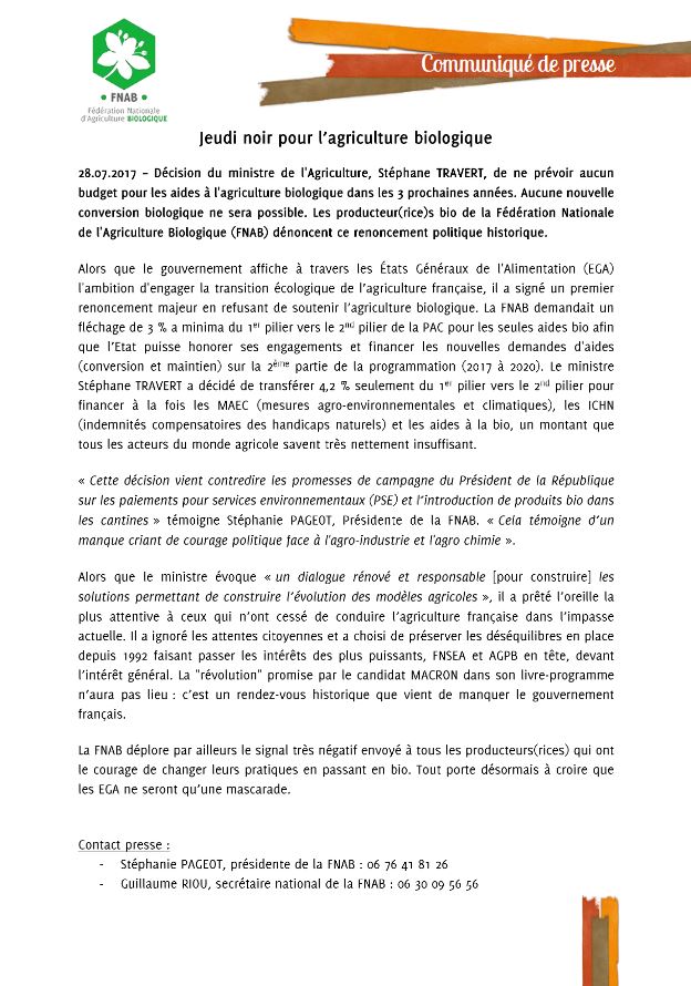 Jeudi noir pour la #bio. Les producteurs bio de la FNAB dénoncent un renoncement politique historique. #PAC 
CP &gt; bit.ly/2u3Wfg6