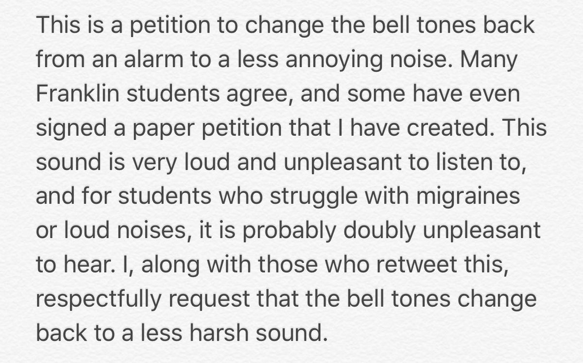 luucyykiingg's tweet photo. @WCSedu @wcsFHS @fhsrebellion rt to sign. I am a junior at Franklin and I, along with most of my peers, find the new bell very annoying. https://t.co/cxHaXVLkP6
