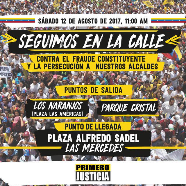 Pr1meroJusticia's tweet photo. Mañana sábado #12Ago marcharemos contra el fraude constituyente y la persecución a nuestros Alcaldes. ¡Seguimos en la calle! https://t.co/KfhFhxHLzR