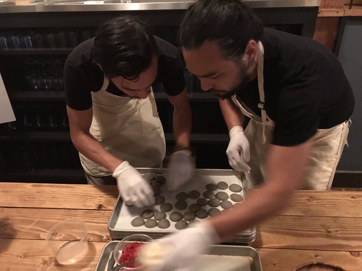 Salanth's tweet photo. For the @Cloudburst_Brew "Flashing Lights" IPA, a squid ink "meringue" topped with pickled Fresno peppers & lime mint! #DeltaLaunchpad #beer https://t.co/5AgWesrbPH