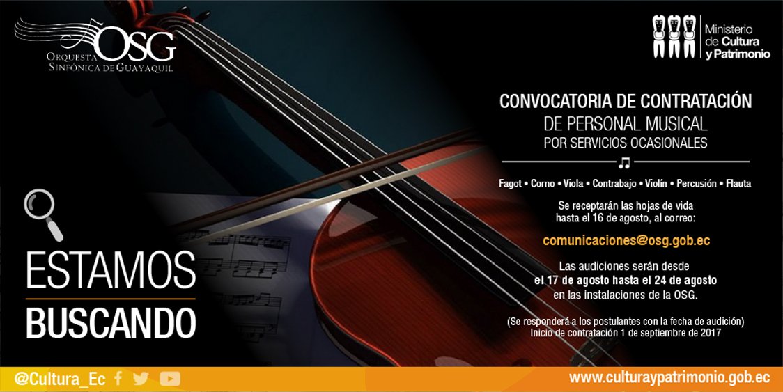 SinfonicaDeGye's tweet photo. [PRIMERA LLAMADA] Hasta el 16 de agosto de 2017 envia tu hoja de vida a comunicaciones@osg.gob.ec y participa en #AudicionesOSG. https://t.co/UL8av9AHP6