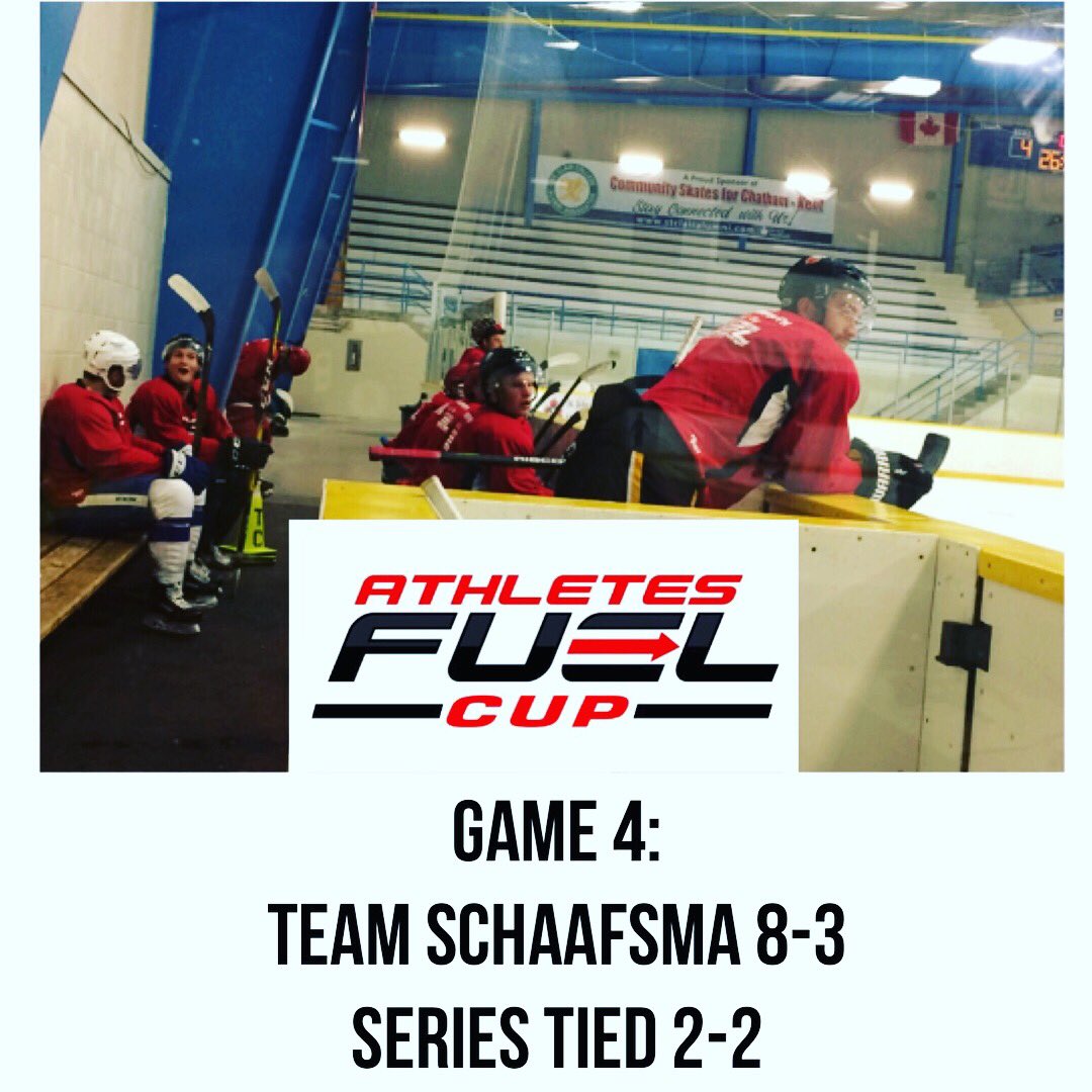 AthletesFuel's tweet photo. Athletes Fuel Cup Game 4:
Team Schaafsma 8-3
Series Tied 2-2
Co-POG @Gspence66 &amp; Joe Raaymakers. Game 5 Tuesday 730pm. Thames Campus Arena. https://t.co/twyxAJ7jKj