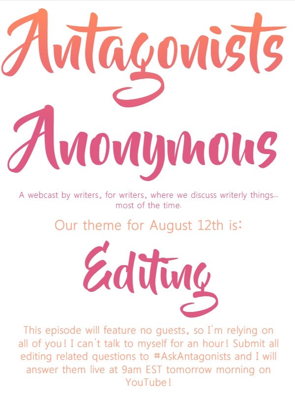 ScribalReverie's tweet photo. #AntagonistsAnonymous tackles editing!
Submit ?s at #AskAntagonists!
https://t.co/qU7BWSz1Oi
#amWriting #amEditing #webcast #WriterCast https://t.co/csX4h3GnKN