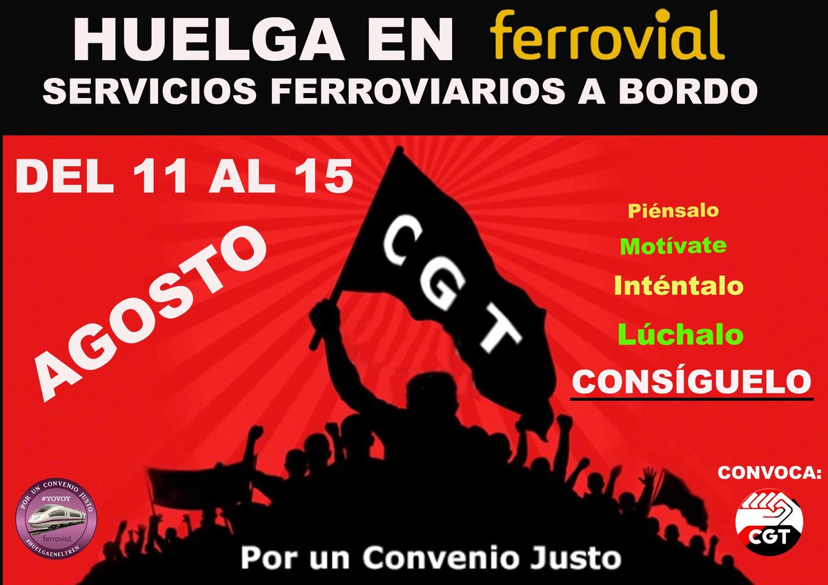 CGTBarcelona's tweet photo. .@SFFCGT convoca 4 dies de #vaga aquest agost al servei a bord en els trens de @renfe gestionats per @ferrovial_es 
Contra la PRECARIETAT!! https://t.co/GMUF3c7tH9