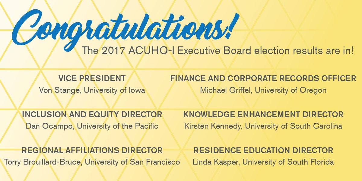 BD_PM's tweet photo. A huge congrats to the entire @ACUHOI community; you just elected six particularly brilliant housing officers to be on your Executive Board. https://t.co/HlOSY5K2oW