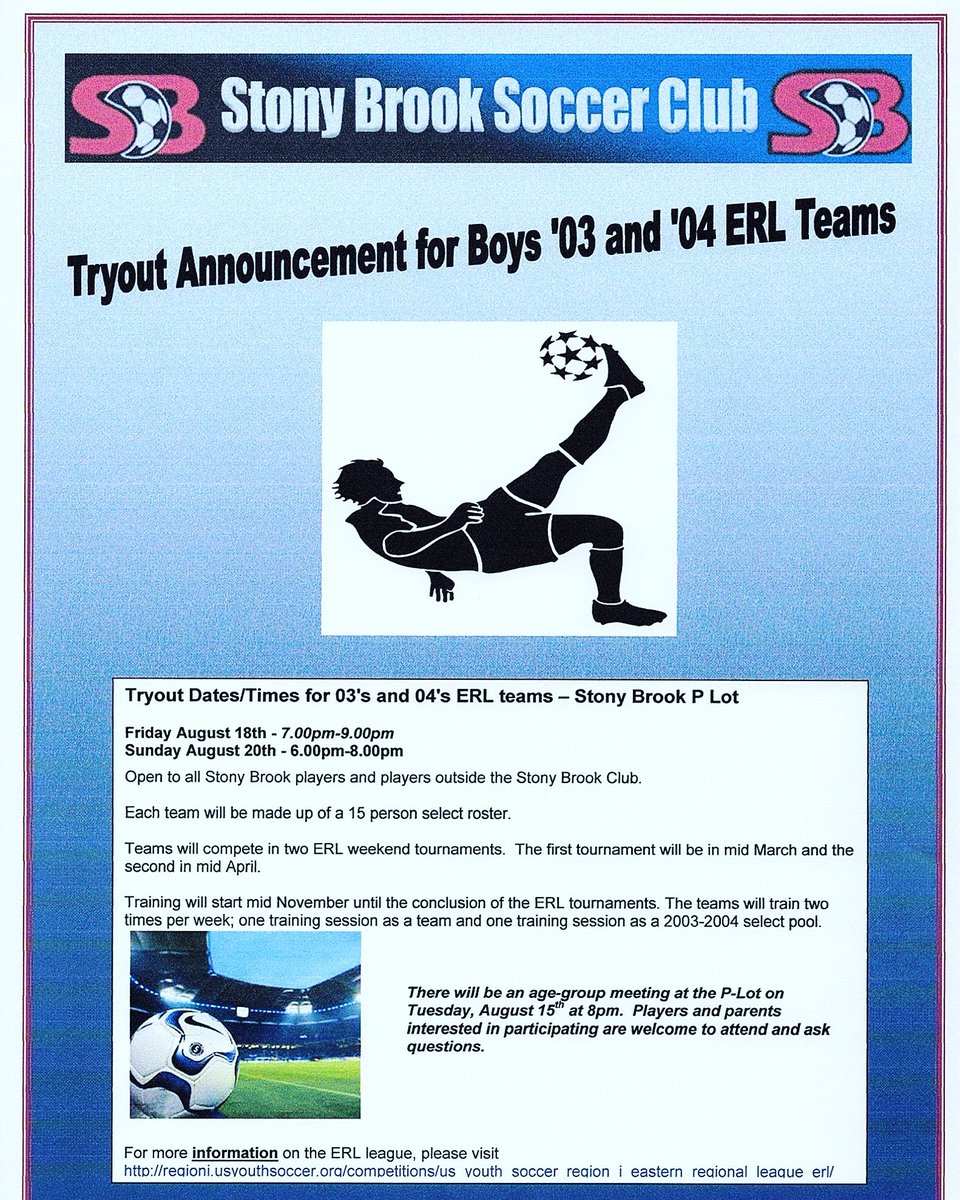 StonyBrookSC's tweet photo. B03 &amp; B04 @EasternRegLea Tryouts;
8/18 (7pm-9pm)
8/20 (6pm-8pm)
Stony Brook P Lot
#raisingstandards
#boysprogram
#opportunity https://t.co/TiildNAhfQ