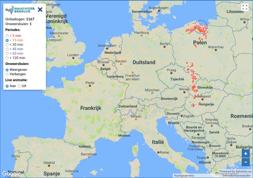NoodweerBenelux's tweet image. Sterke #signatuur van een #bowecho in het noorden van #Polen. Vermoedelijk forse #windstoten bij dit #onweer. noodweer.be/bliksem-in-det…