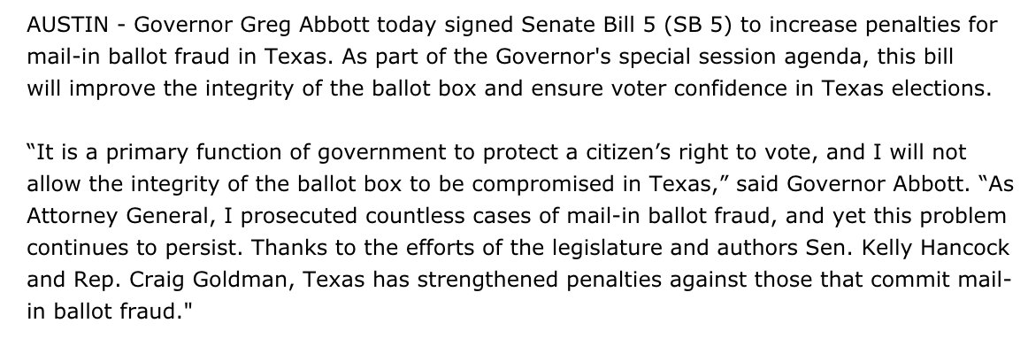 New law just signed this special session to increase penalties for mail-in ballot fraud. #txlege gov.texas.gov/news/post/gove…