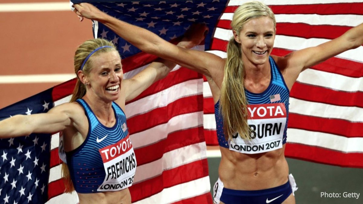 FloTrack's tweet photo. Emma Coburn &amp; Courtney Frerichs are 1st American duo to go 1-2 in a distance event at worlds or Olympics since 1912: https://t.co/rRvRjYt3XG https://t.co/Do9LDwZqQI