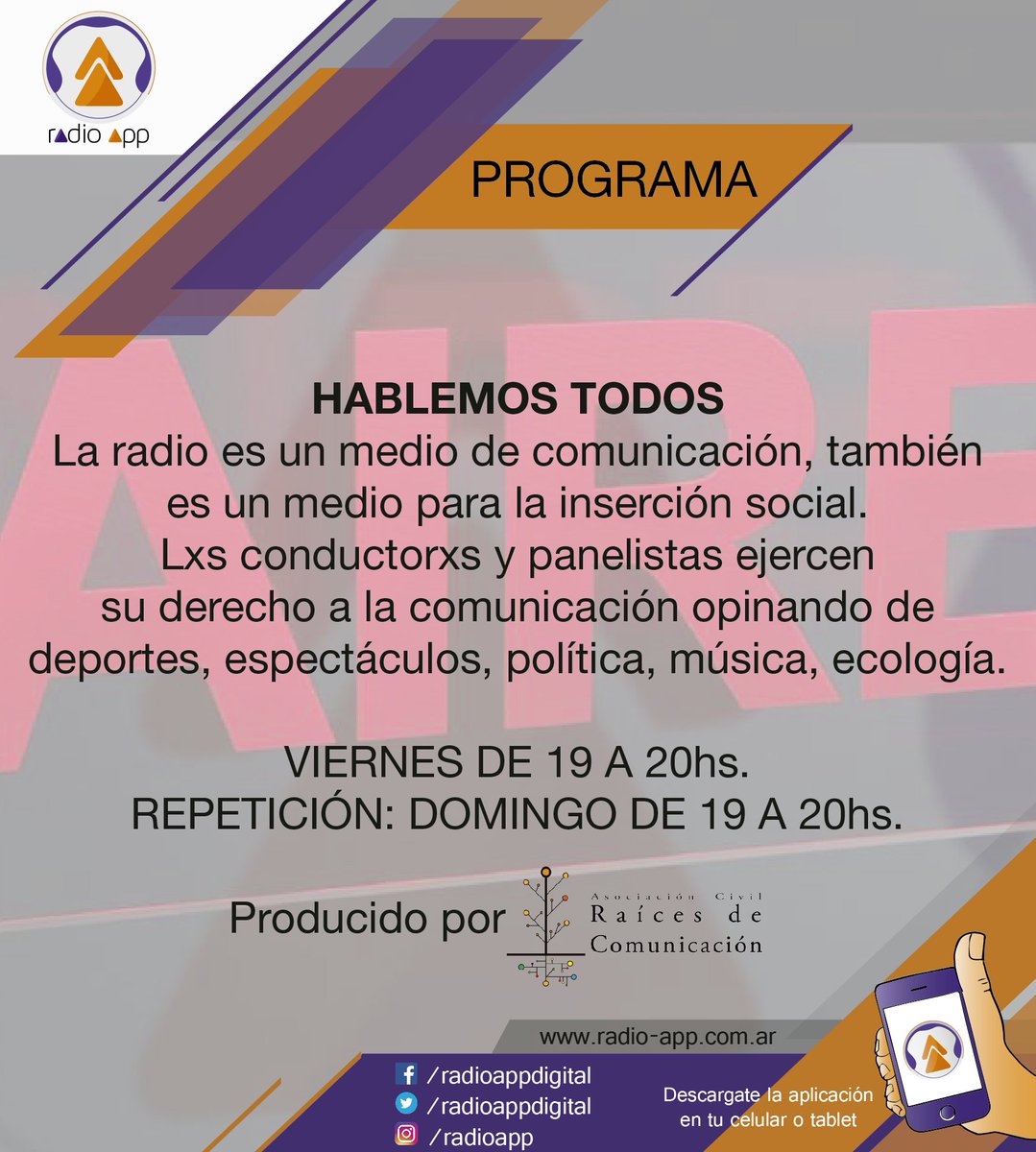 radioappdigital's tweet photo. AHORA| Escucha un nuevo programa de #HablemosTodos con mucha información de la actualidad, humor y buena música. prod. @RaicesComunica https://t.co/AjRtXKHCvp
