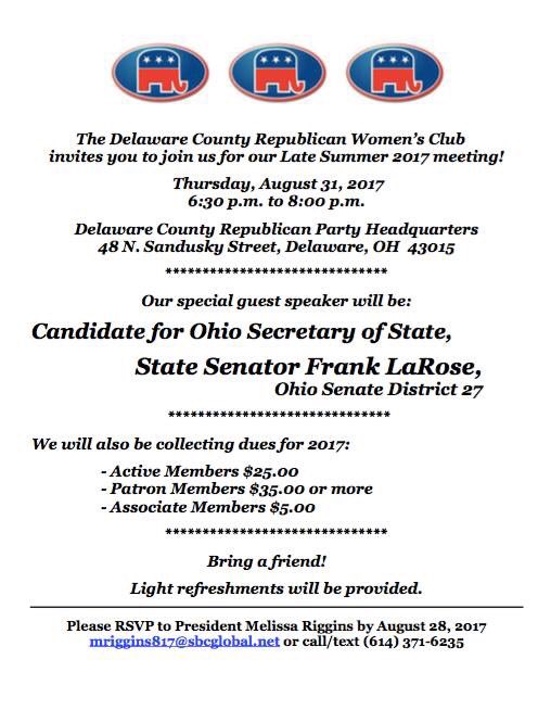 DelCoRepWomen's tweet photo. Join us for a meeting on 8/31/17 with Candidate for Secretary of State and Senator @FrankLaRose! https://t.co/w52uRjUyYx
