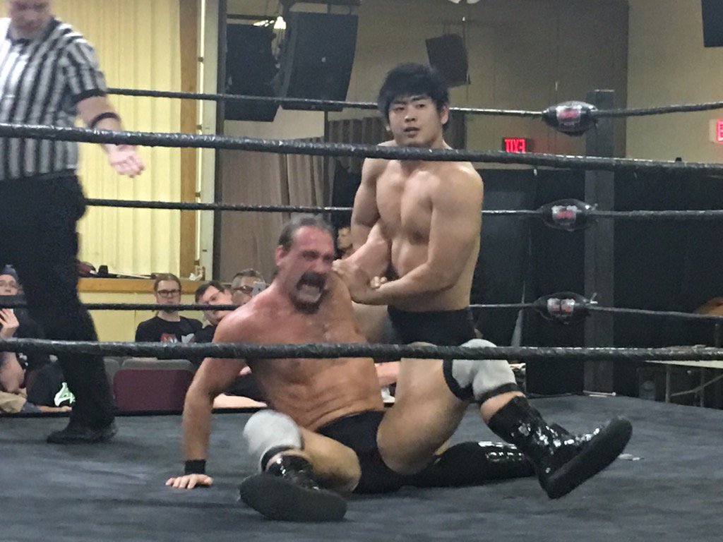 NOAH Kaito Kiyomiya latched on to @SilasYoungROH at @Cwecanada in St Albert. #CWEwrestling