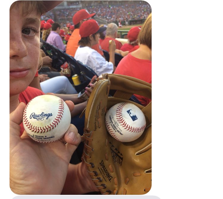 So my bro goes to his 1st Nats game and Ryan Zimmerman tosses him a ball. 10 mins later Bryce Harper tosses him a ball #whatAlittleShit