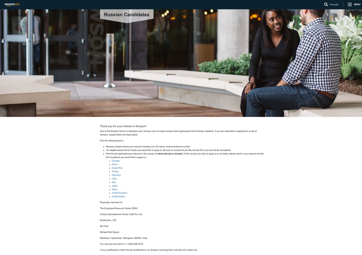 kpodnar's tweet image. Yes! @amazon has best Russia’s #DataLocalization law workaround. Russian citizens can work for the firm - just apply via (old school) mail.