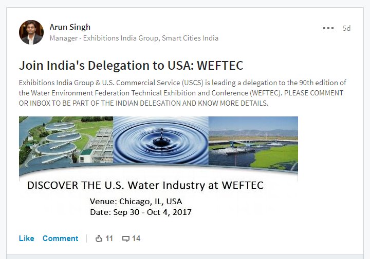 OasysWater's tweet photo. Join representatives from India's water community at @WEFTEC  this September in Chicago! 
#waterindustry #cleanwater #WEFTEC https://t.co/XrGCriiLEu