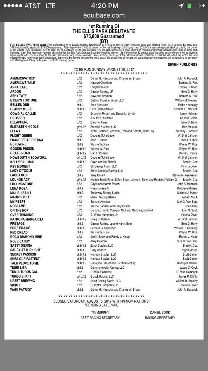Gary_McIntyre56's tweet photo. 75k Ellis Park Debutante Noms closed  39 @TVG @Smac300842 @McPeekRacing @drshillito #upsetBrewing #ClassyMusic @CalumetFarm @bradcoxracing https://t.co/CwcmPNCnqw