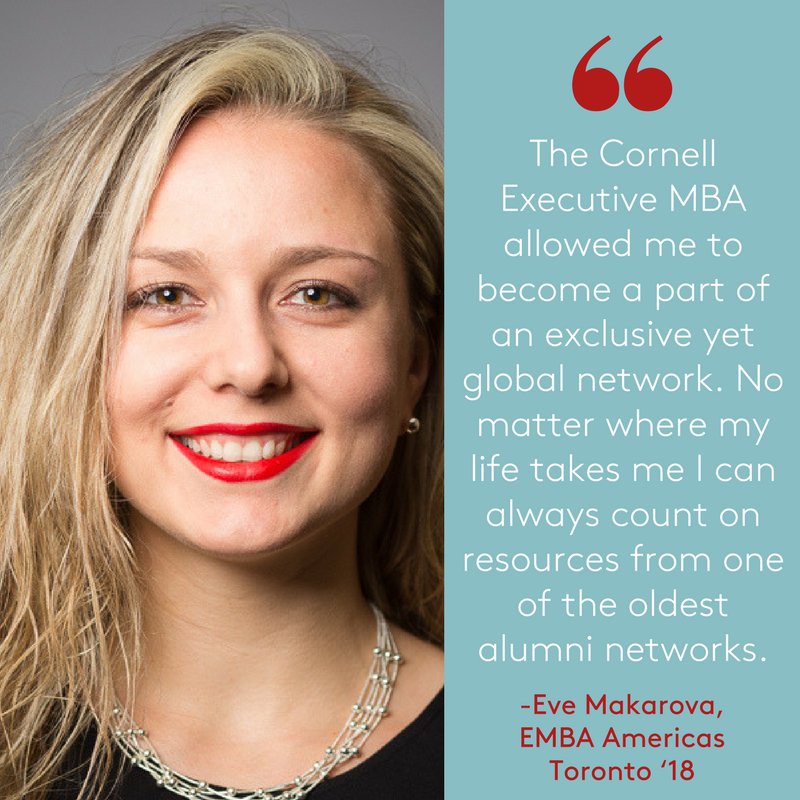 CornellMBA's tweet photo. We have #EMBA candidates & alumni all over North America! Eve Makarova, EMBA #Toronto '18 is a Biz Dev Manager at Vanguard. #HumansofJohnson https://t.co/vatdUssFDu