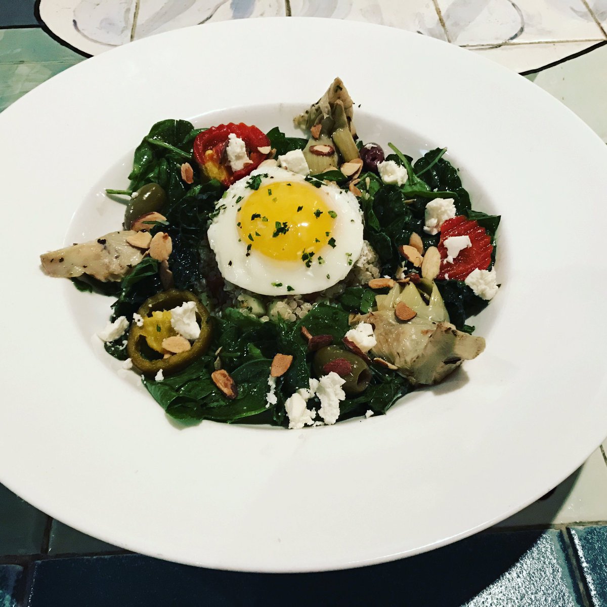 CollectorsMB's tweet image. Introducing our Power Bowl Salad! It has Kale Baby Spinach Artichoke Olives Feta Cheese Peppers Israeli Quinoa Vinaigrette  &amp;amp; Fried Egg!