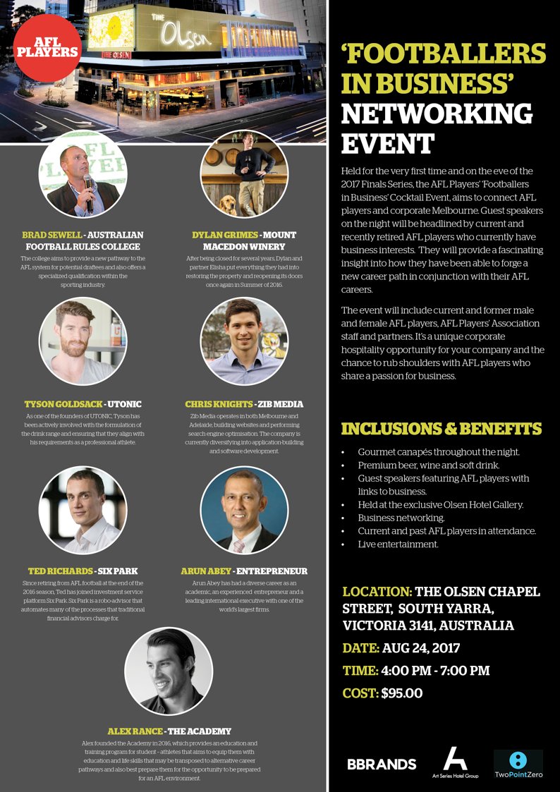 AFLPlayers's tweet photo. Want to network with @bradsewell12, Dylan Grimes, @trossman18, @tlgold6, Chris Knights &amp; @tedrichards25? 

MORE: https://t.co/hhe2NMpZOr https://t.co/MxsOxtFWsc