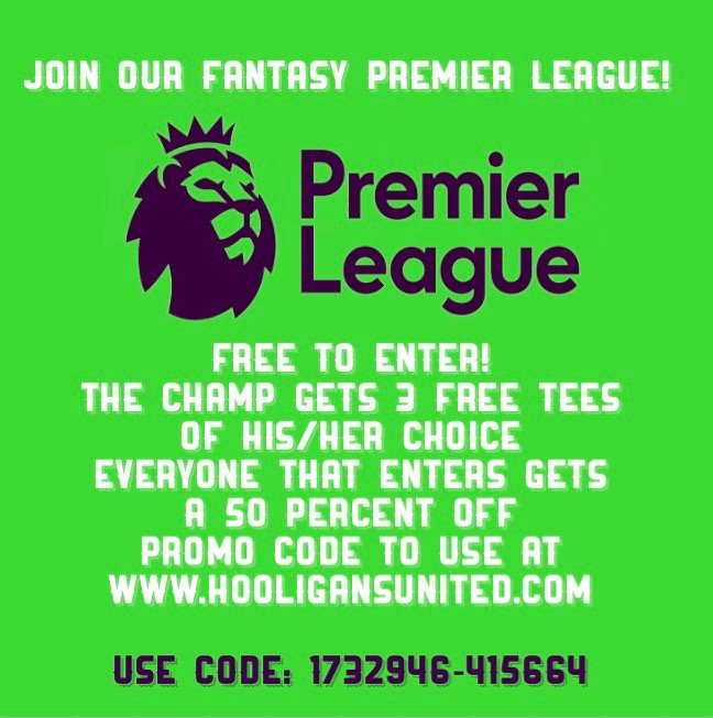 HooligansUnited's tweet photo. To enter go to https://t.co/sL11DjWasM join the league w/code: 1732946-415664 League starts Friday! #FPL #FPLCOMMUNITY #fantasypremierleague https://t.co/4dIFcQjUR5