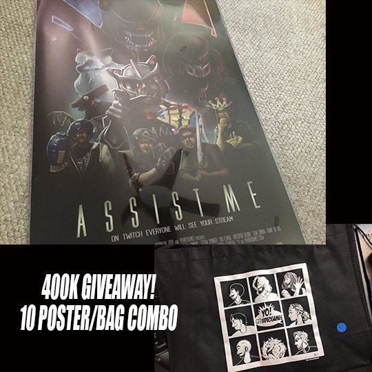GIVEAWAY! For 400k follows on Twitch, we're giving away 10 Assist Me Bag/YoVG Poster Combos. RT for a chance to win! bit.ly/400kDoods