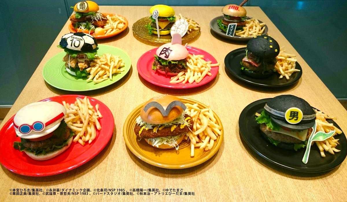 週刊少年ジャンプ展 Twitterren ジャンプ展vol 1 Museum Cafe The Sun コラボバーガー企画 全商品公開 会場隣のカフェではコラボバーガー企画を開催中 あの人気マンガをモチーフにしたバーガーは全9種類 T Co Ukrwuefgjp T Co Cuqthxv4yi