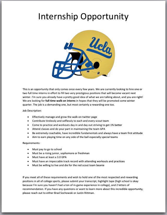 UCLAwalkons's tweet photo. When your NFL dreams inevitably die, you're going to want this on your resume. This is an opportunity of a lifetime. https://t.co/Izxu8CNlEW