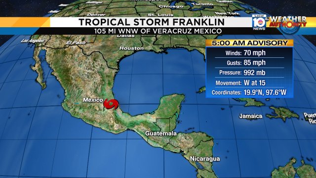 After making landfall this morning Franklin has weakened to a Tropical Storm. Watch Local10 for more. https://t.co/ynY2pCmOkN