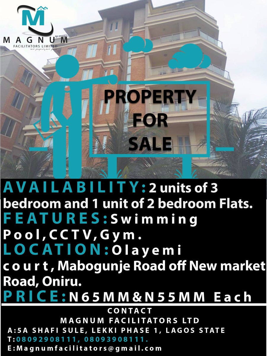 Magnumfa's tweet image. For Sale. 
Avail: 2 units of 3 Bedroom and 1 unit of 2 bedroom flat. 
Fea: swimming pool 
Loc :olayemi court oniru. 
Pri : N65MM &amp;amp; N55MM