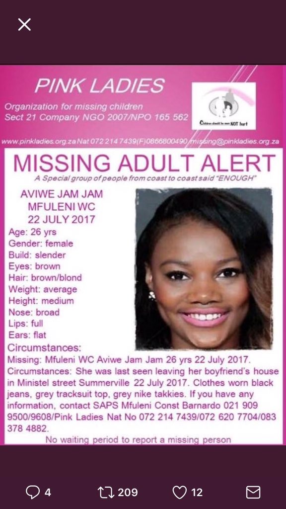 _traceykim_'s tweet photo. @Powerfm987 @ThabisoTema You may want to interview the murderer of this young womyn as well. #RIPAVIWE https://t.co/nr1N7LTg72