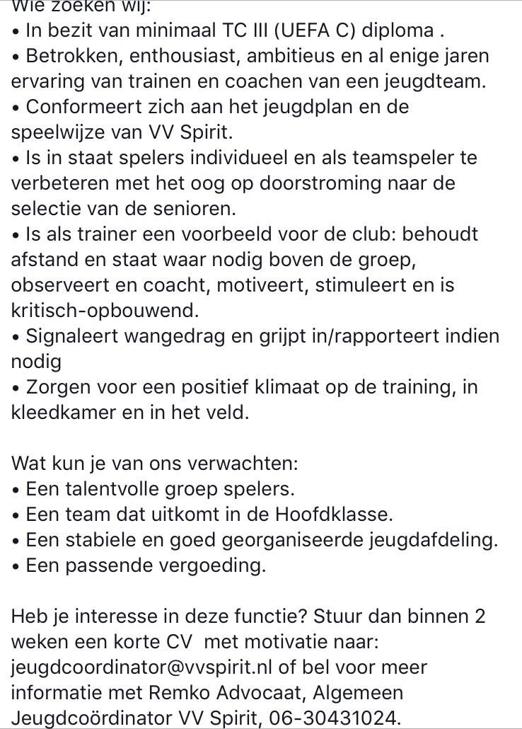 Vv Spirit partner van Excelsior Rotterdam zoekt met spoed een trainer voor de onder 19