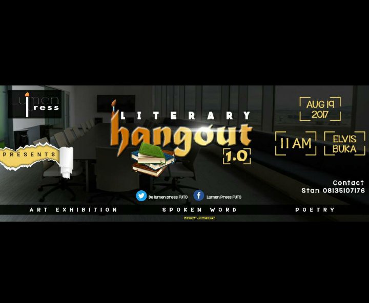17Eminent's tweet photo. A literary hang out you won't want to miss. Let's play with words.
19th August
Call Stan: 08135107176
#Lumenpress #literaryhangout https://t.co/ABUGHQoBte
