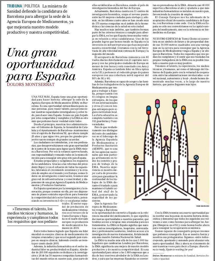 DolorsMM's tweet photo. 📰 La Agencia Europea de Medicamentos es una gran oportunidad para España.

(@elmundoes ) https://t.co/ip03AMHT16